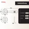 Diagrams and measurements of a door handle set, along with a list of dimensions. Produktbild-Vorschau