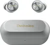 A pair of silver Technics true wireless earbuds and their charging case are displayed against a white background. Anteprima dell’immagine prodotto
