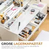 A white makeup vanity with multiple drawers and compartments filled with various cosmetics and makeup brushes. The vanity is open, showing the organization of the items within. Produktbild-Vorschau