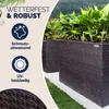 Two rectangular planters filled with green plants, placed on a lawn with white gravel. The left side of the image features text and icons highlighting product features. Produktbild-Vorschau