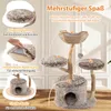 A multi-level cat tree with various platforms and a hideaway, presented with overlaid text highlighting its features. Produktbild-Vorschau