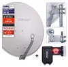 A collage showing a satellite dish, its mounting hardware, and a satellite receiver (LNB). Produktbild-Vorschau