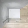 A top-down view of a shower enclosure with a white shower tray, set against a concrete wall and wooden floor. Produktbild-Vorschau
