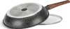 The underside of a frying pan with a wooden handle is shown, resting on a glass lid. Produktbild-Vorschau