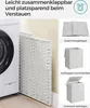 A laundry basket is shown next to a washing machine, with smaller images demonstrating its folded state, unfolded state, and inner bag. Produktbild-Vorschau