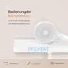 A close-up marketing image showing the control panel and showerhead of a white shower system, with text overlays explaining its features. Anteprima dell’immagine prodotto
