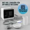 A collection of images showing a compact dishwasher and its accessories, along with descriptive text and icons. Produktbild-Vorschau