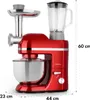 A red kitchen mixer with attachments, including a meat grinder and a blender, is shown against a white background. Dimensions are indicated with text labels. Produktbild-Vorschau