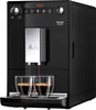 A black Melitta Purista coffee machine is shown brewing coffee into two clear glass cups. Produktbild-Vorschau