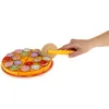 A hand is holding a toy pizza cutter over a toy pizza with various toppings. Podgląd zdjęcia produktu