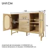 A diagram showing the dimensions of a wooden sideboard with rattan accents and gold metal legs. Podgląd zdjęcia produktu