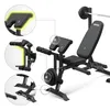 A black adjustable weight bench with a barbell and weights attached, shown with close-up insets highlighting specific features. Náhľad obrázku produktu