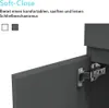 Close-up of a cabinet hinge and a section of a cabinet door, with text describing a soft-close mechanism. Produktbild-Vorschau