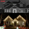 A split image showing a house without and with Christmas lights. Produktbild-Vorschau