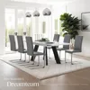 A modern dining room with a white table and gray chairs, set on a plush rug. Voir les images du produit