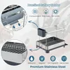 A two-tier stainless steel dish rack with a cutlery holder, shown with close-up details of its features and benefits. Podgląd zdjęcia produktu