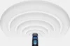 A tall, black speaker with blue lights, emitting sound waves. Produktbild-Vorschau