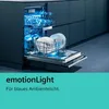 An open dishwasher with dishes inside, illuminated by blue light. Produktbild-Vorschau