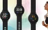 Three smartwatches are displayed in front of a blurred background with a runner on the right side. Podgląd zdjęcia produktu