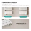 Diagrams illustrating flexible installation options for a white radiator, with text explaining that the product does not include a valve and that users should source their own. Produktbild-Vorschau
