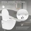 A modern white wall-hung toilet with a bidet function is shown, with close-up insets highlighting its glossy surface and a button for lid removal. Produktbild-Vorschau