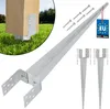 A wooden post is shown anchored to the ground with a metal post anchor, with additional anchors and screws displayed. Produktbild-Vorschau