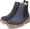 A pair of blue Chelsea boots with a tan sole and faux fur lining. Produktbild-Vorschau