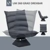 A dark gray floor sofa chair is shown with a graphic indicating it rotates 360 degrees. Smaller images of the chair in different positions are also visible. Náhled obrázku produktu
