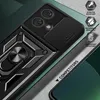 A close-up view of a black phone case with a ring stand and camera cover, presented with marketing icons highlighting its features. Produktbild-Vorschau