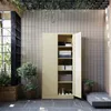 A beige metal cabinet with open doors, displaying shelves with various items, situated outdoors with plants and a textured wall. Anteprima dell’immagine prodotto
