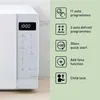 A close-up of a white microwave oven with its control panel visible, next to a list of its features presented with icons. Produktbild-Vorschau