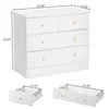 A collage of images showing a white dresser and its drawers with dimensions indicated. Produktbild-Vorschau