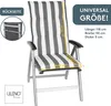 A striped cushion on a folding chair, with measurement indicators and text overlays. Produktbild-Vorschau