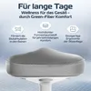 A close-up of an ergonomic office stool seat with marketing text and icons above it. Produktbild-Vorschau
