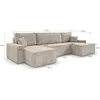 A sectional sofa with dimensions indicated by measurement lines and text. Produktbild-Vorschau
