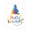 A Christmas advent calendar with a watercolor-style Christmas tree and the words 'Merry Christmas'. Numbers are scattered around the image, indicating the days of the advent calendar. Produktbild-Vorschau