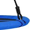 Close-up of a blue swing seat with a black rope attached. Voir les images du produit