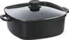 A black square casserole dish with a glass lid and black handles, shown from a slightly elevated side angle against a white background. Produktbild-Vorschau