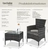 A diagram showing the dimensions and specifications of a rattan furniture set, including a table and chairs, with text providing details on measurements, technical data, and package contents. Náhled obrázku produktu