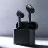 A pair of black wireless earbuds and their charging case are displayed against a gradient background. Podgląd zdjęcia produktu