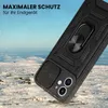 A black phone case with a ring holder is shown in a snowy, outdoor environment. Produktbild-Vorschau