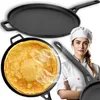 A collage of a cast iron pan, a pancake in a pan, and a chef. Voir les images du produit