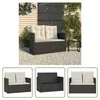 A collage of images showing a poly rattan garden bench with cushions, displayed in different views and settings. Produktbild-Vorschau