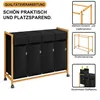 A multi-compartment laundry sorter with a bamboo frame and black fabric bags, shown with inset diagrams highlighting its construction and features. Anteprima dell’immagine prodotto