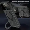 A black phone case with a ring stand is displayed from multiple angles, with text highlighting its features. Produktbild-Vorschau