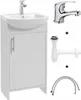 A bathroom sink set consisting of a white cabinet, a white sink, a chrome faucet, and plumbing parts. Produktbild-Vorschau