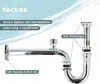A diagram of a chrome siphon with labels indicating its features and included parts. Produktbild-Vorschau