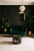 A dark, moody living room with a green velvet sofa, plants, and a floral pouf. Produktbild-Vorschau