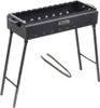 A black charcoal grill with foldable legs and a pair of tongs. Produktbild-Vorschau