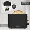 A black toaster with a slice of bread in it, shown on a white surface with a light gray background. There is a close-up inset of the toaster slots and a graphic indicating cleanliness. Produktbild-Vorschau